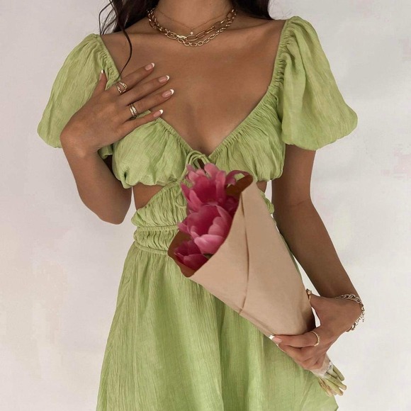 Sabo Skirt Zara Mini Dress Cutout Puff Sleeve Resort Boho Coquette Lolita XS - Picture 9 of 11